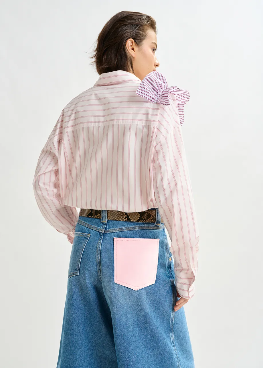 Off-white and red striped cotton shirt with ruffle detail