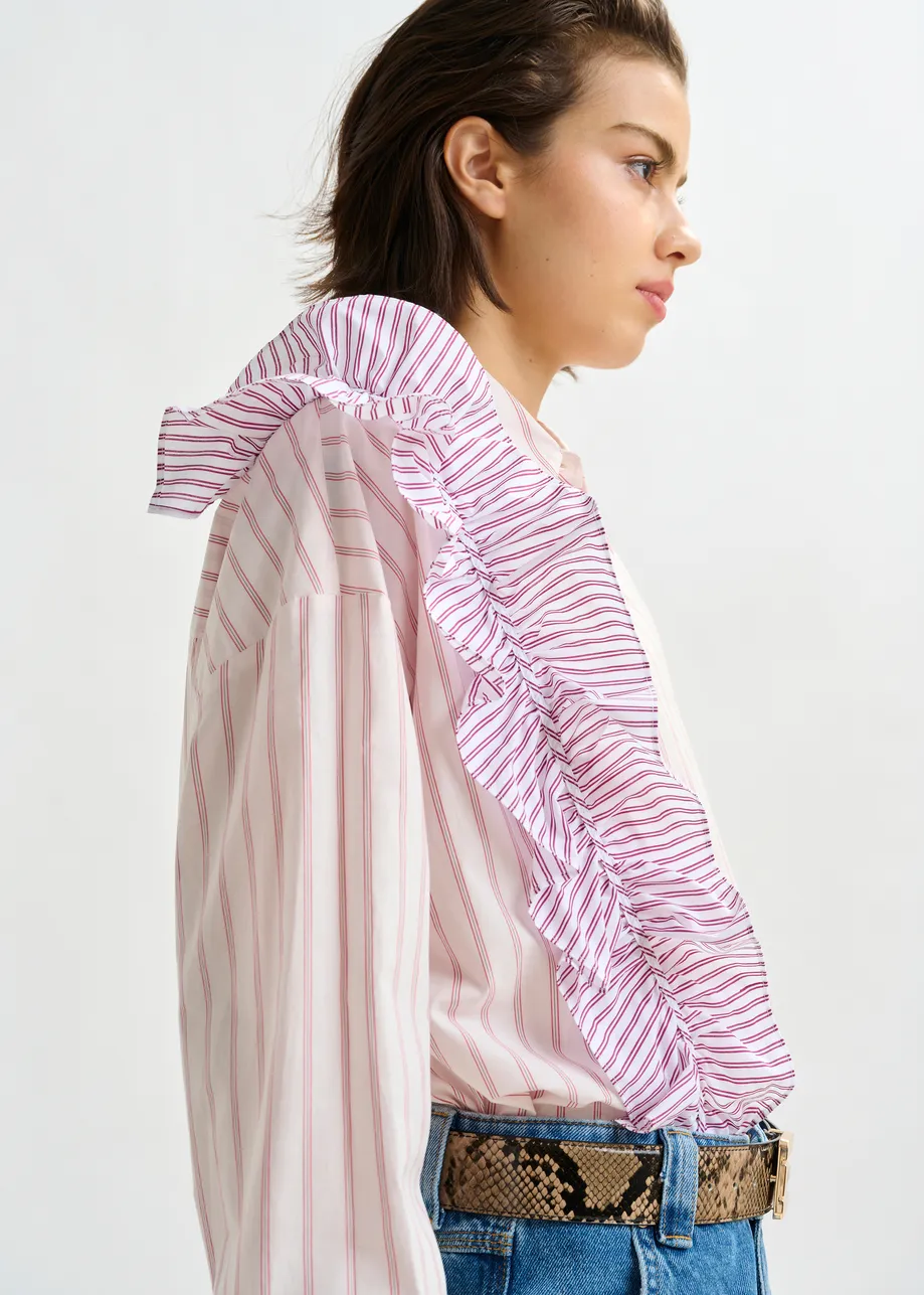 Off-white and red striped cotton shirt with ruffle detail