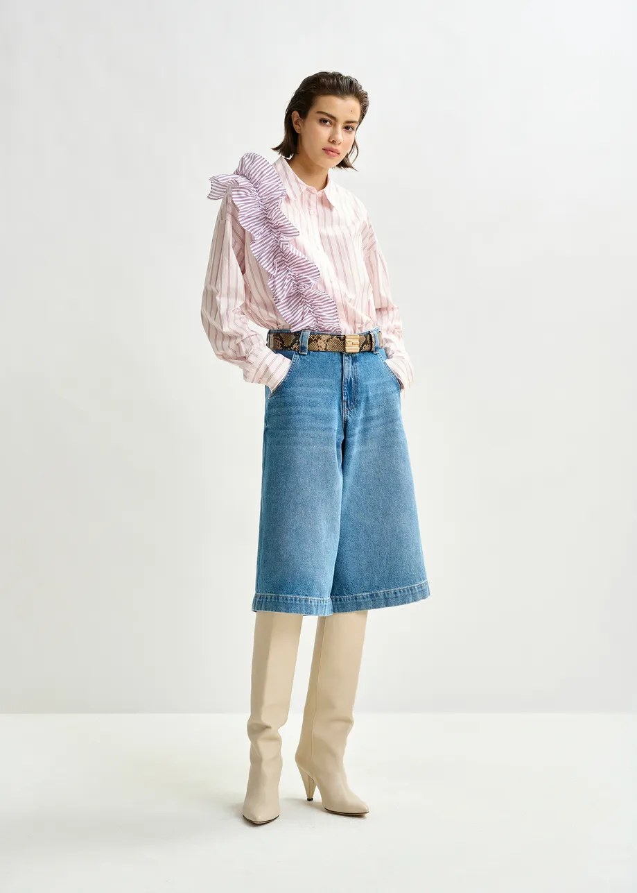 Off-white and red striped cotton shirt with ruffle detail