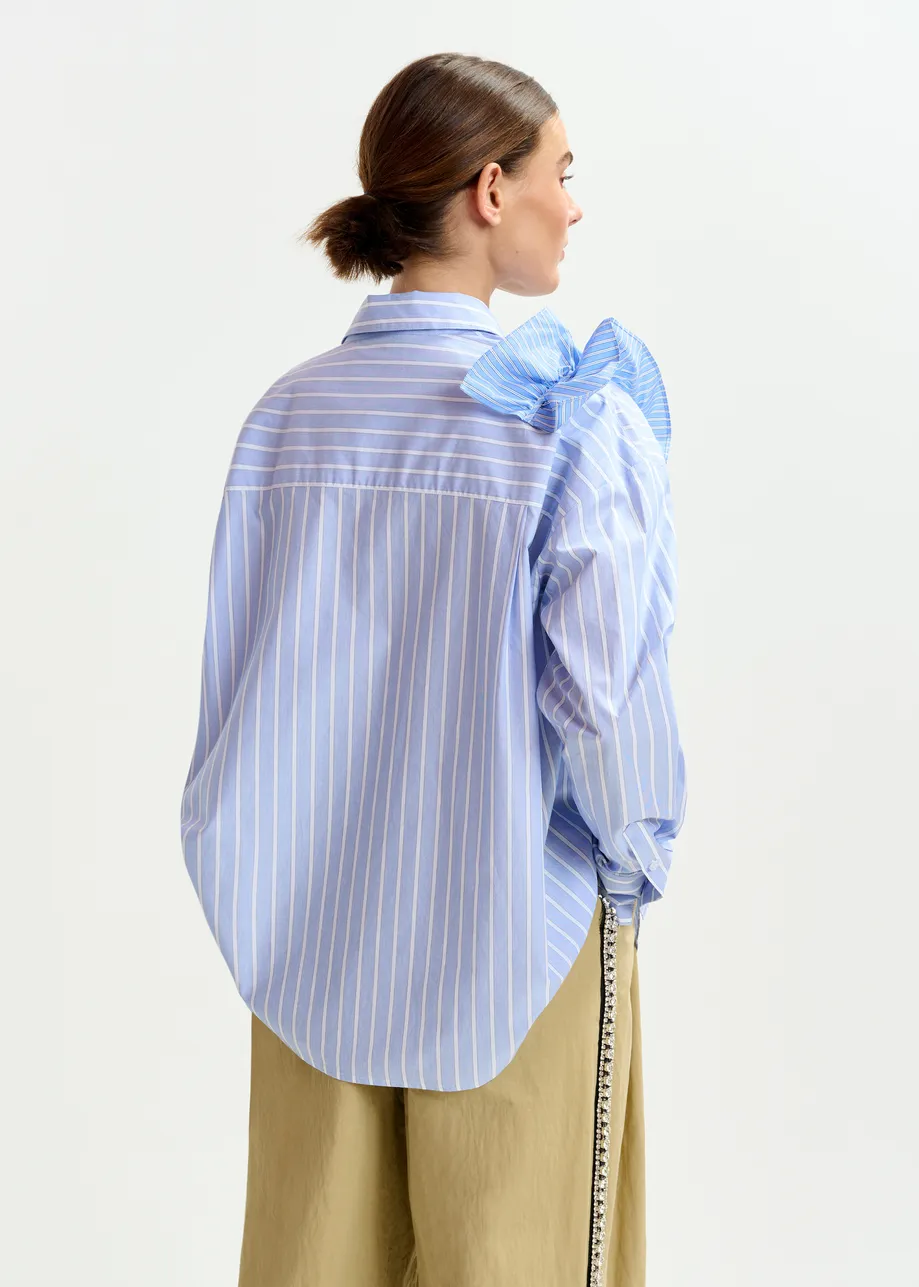 Blue and white striped cotton shirt with ruffle detail