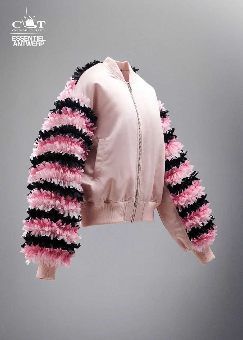 Bomber in raso color champagne con inserti in ruches rosa e neri 