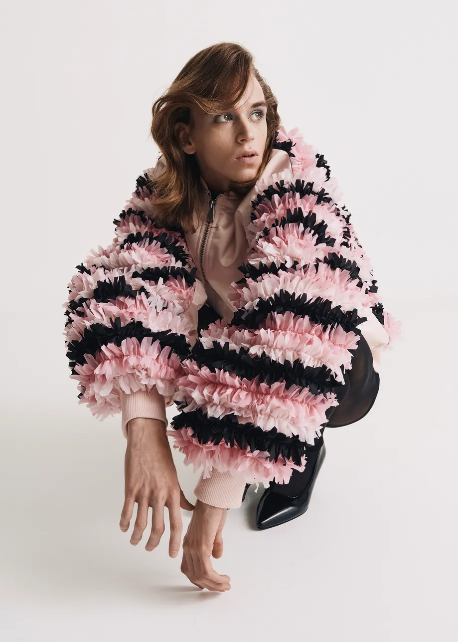 Champagne satin bomber jacket with pink and black ruffled inserts