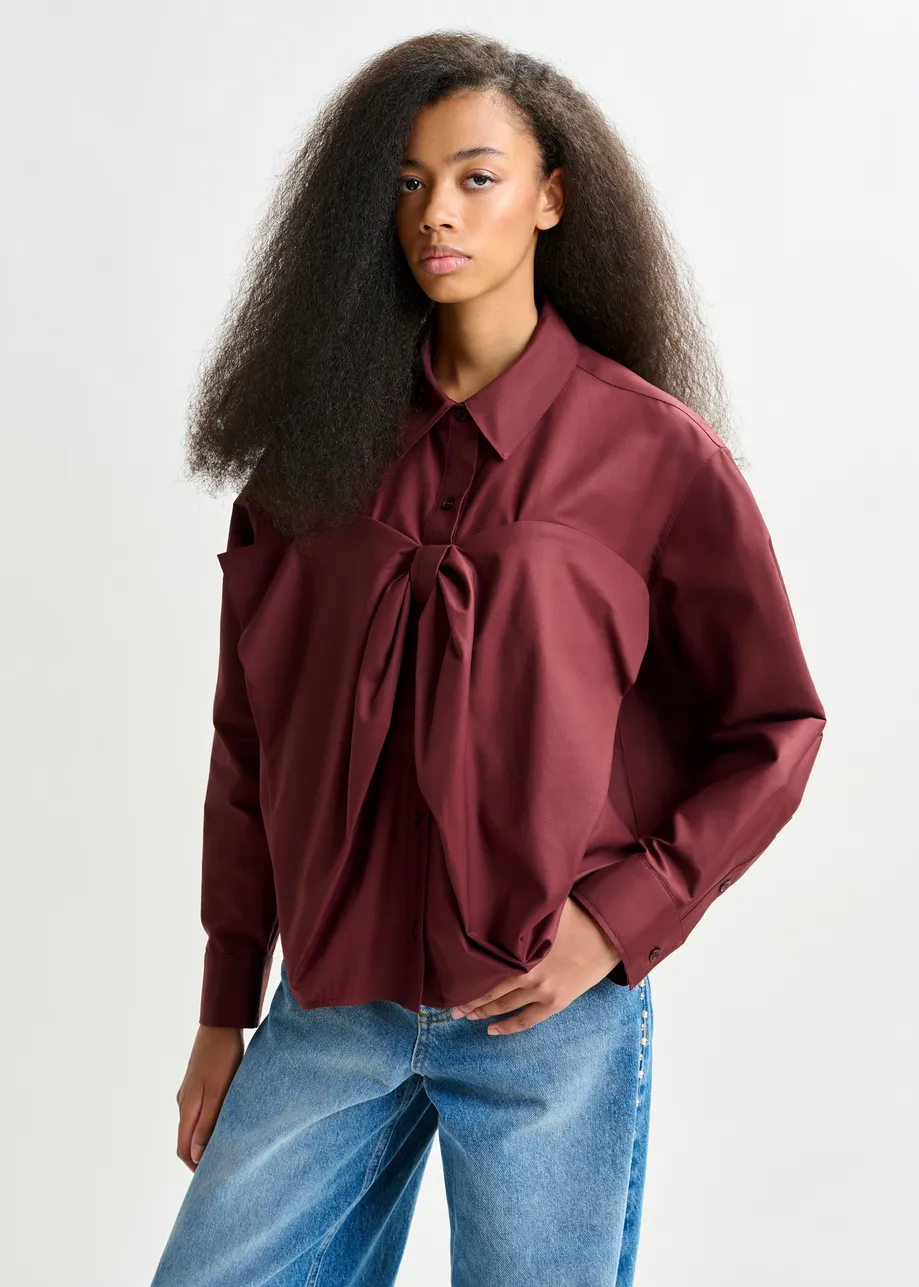Burgundy bow-detailed cotton-blend shirt