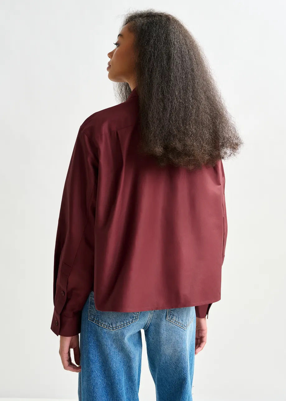 Burgundy bow-detailed cotton-blend shirt