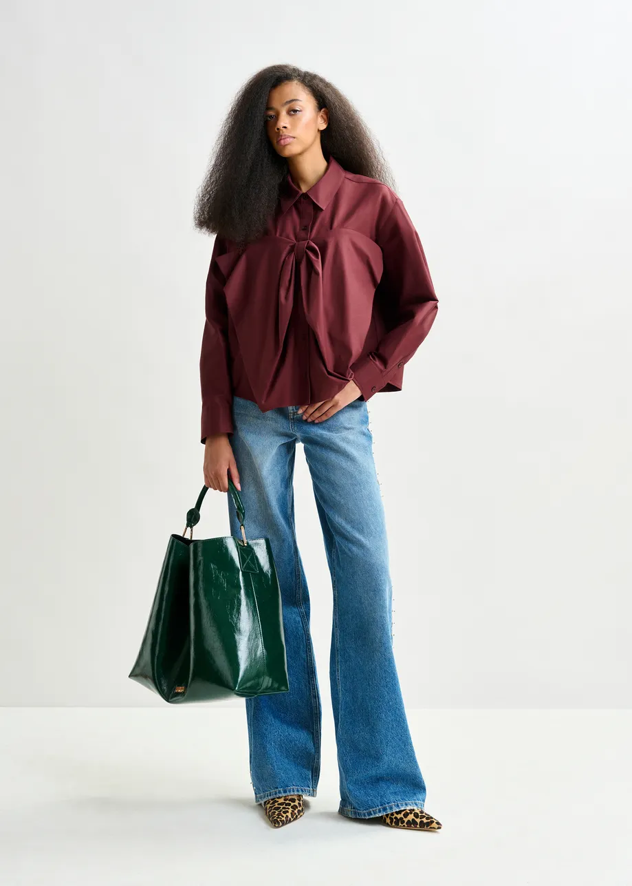 Burgundy bow-detailed cotton-blend shirt