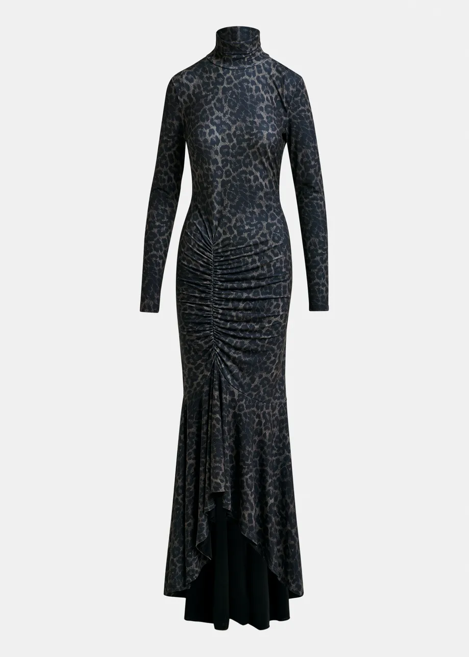 Brown and black ruched leopard print dress with asymmetric hemline