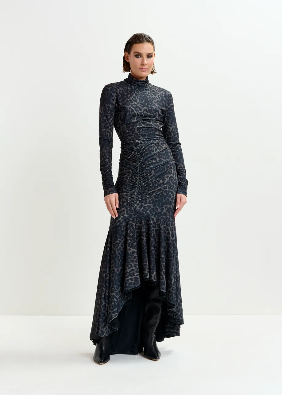 Brown and black ruched leopard print dress with asymmetric hemline