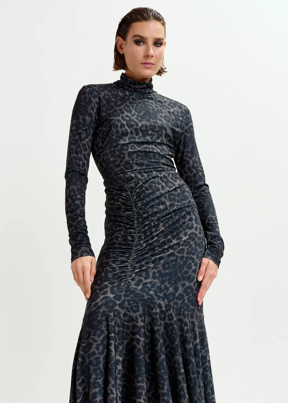 Brown and black ruched leopard print dress with asymmetric hemline