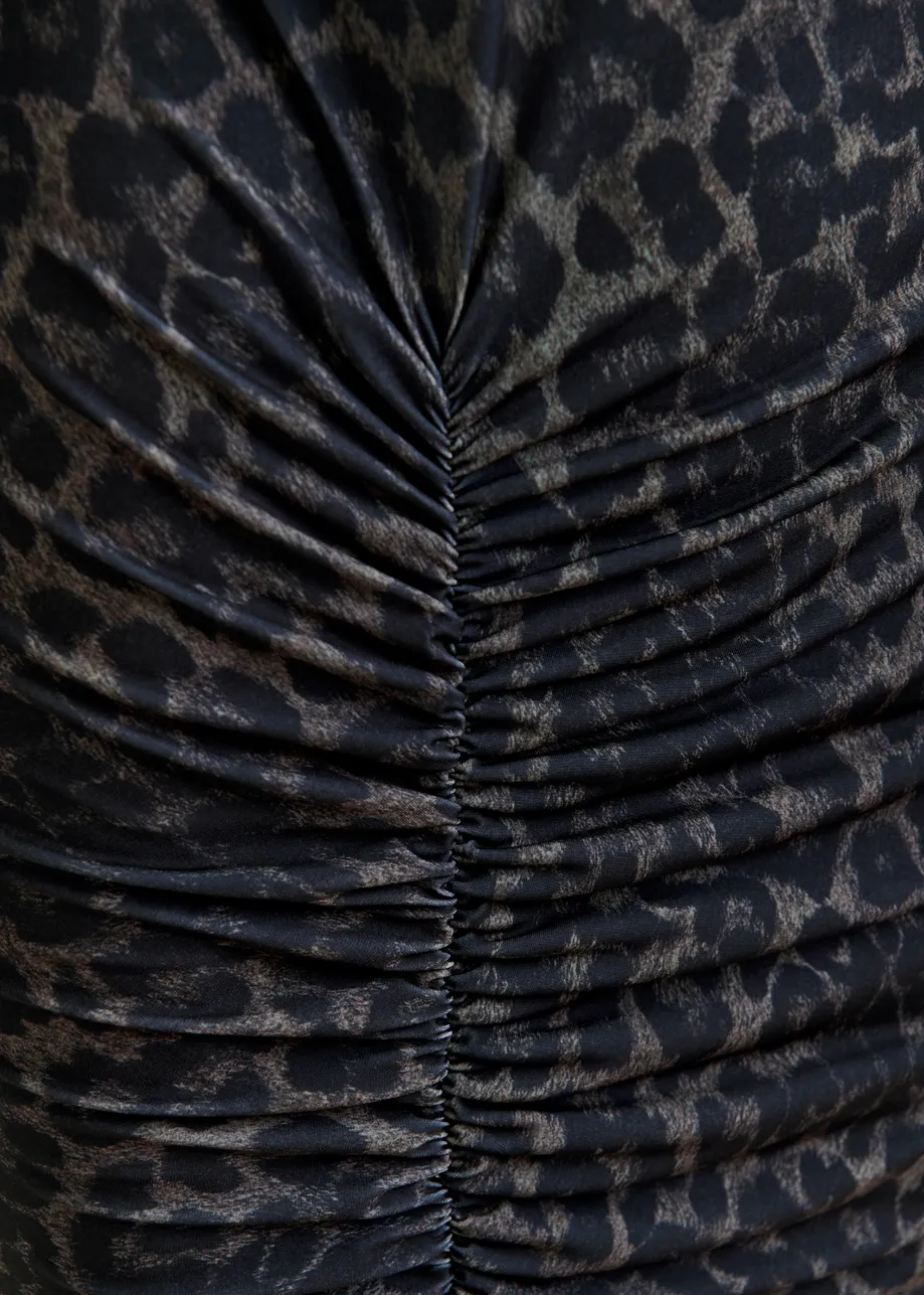 Brown and black ruched leopard print dress with asymmetric hemline