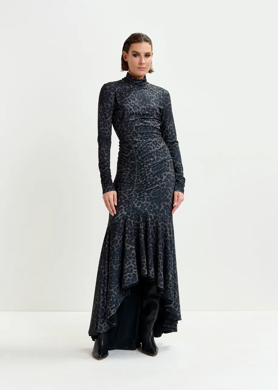 Bruine en zwarte luipaardprint jurk met ruches en asymmetrische zoom