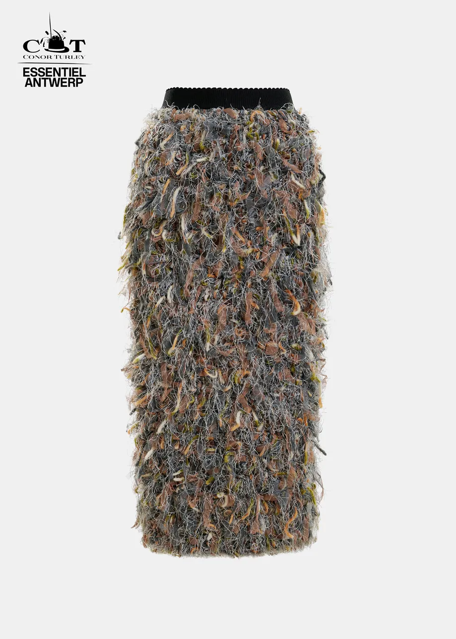 Grauer, beiger und cremefarbener Multi-Faser-Midirock mit Fransen