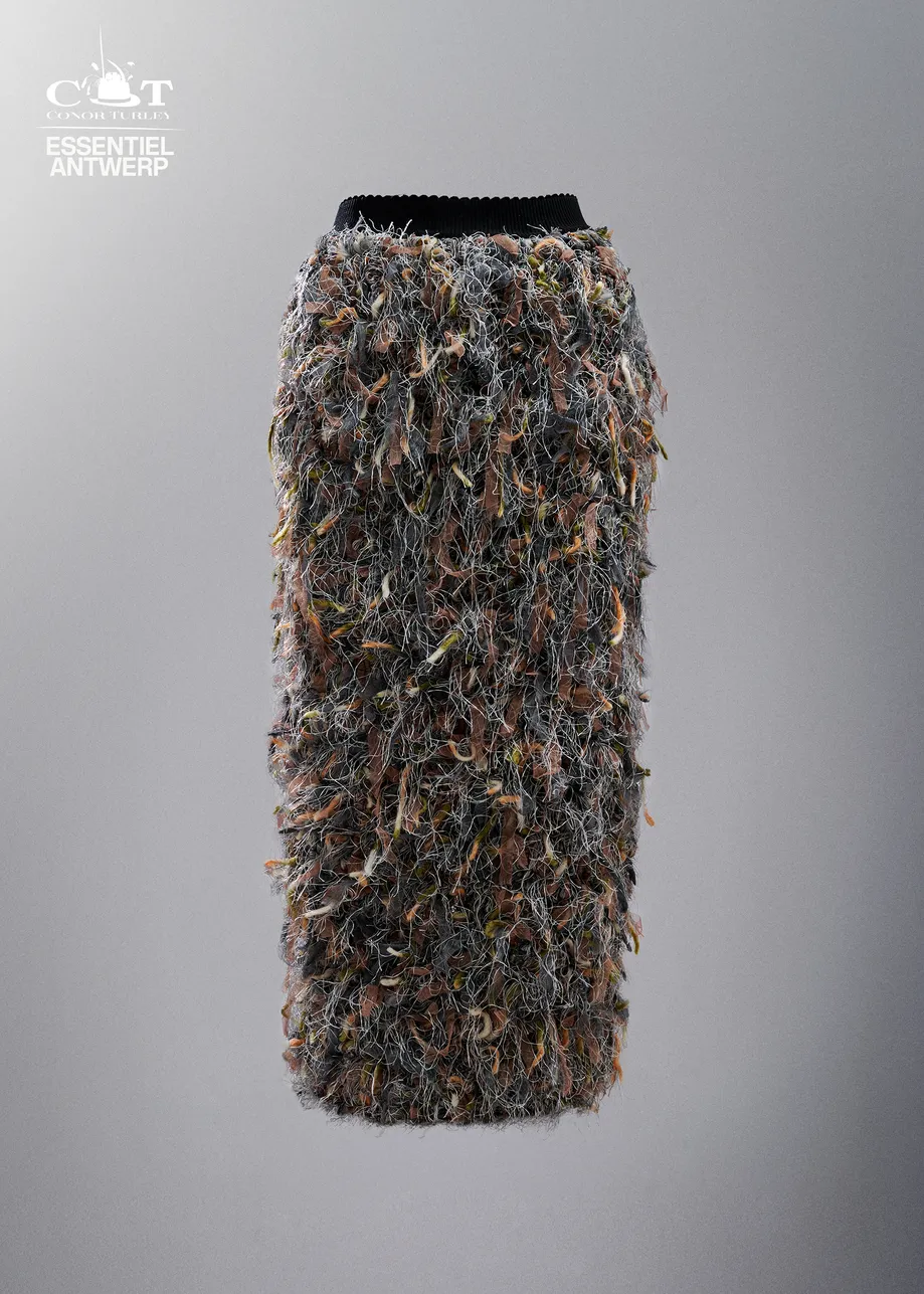 Grey, beige and off-white multi-fiber fringe midiskirt