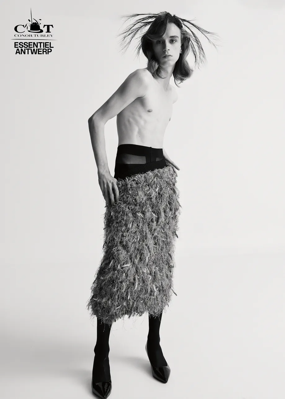 Grey, beige and off-white multi-fiber fringe midiskirt