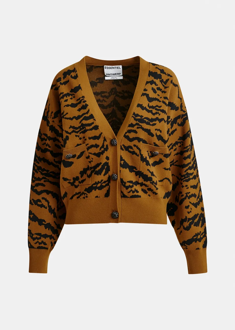Brown zebra-print cardigan with rhinestone encrushed buttons