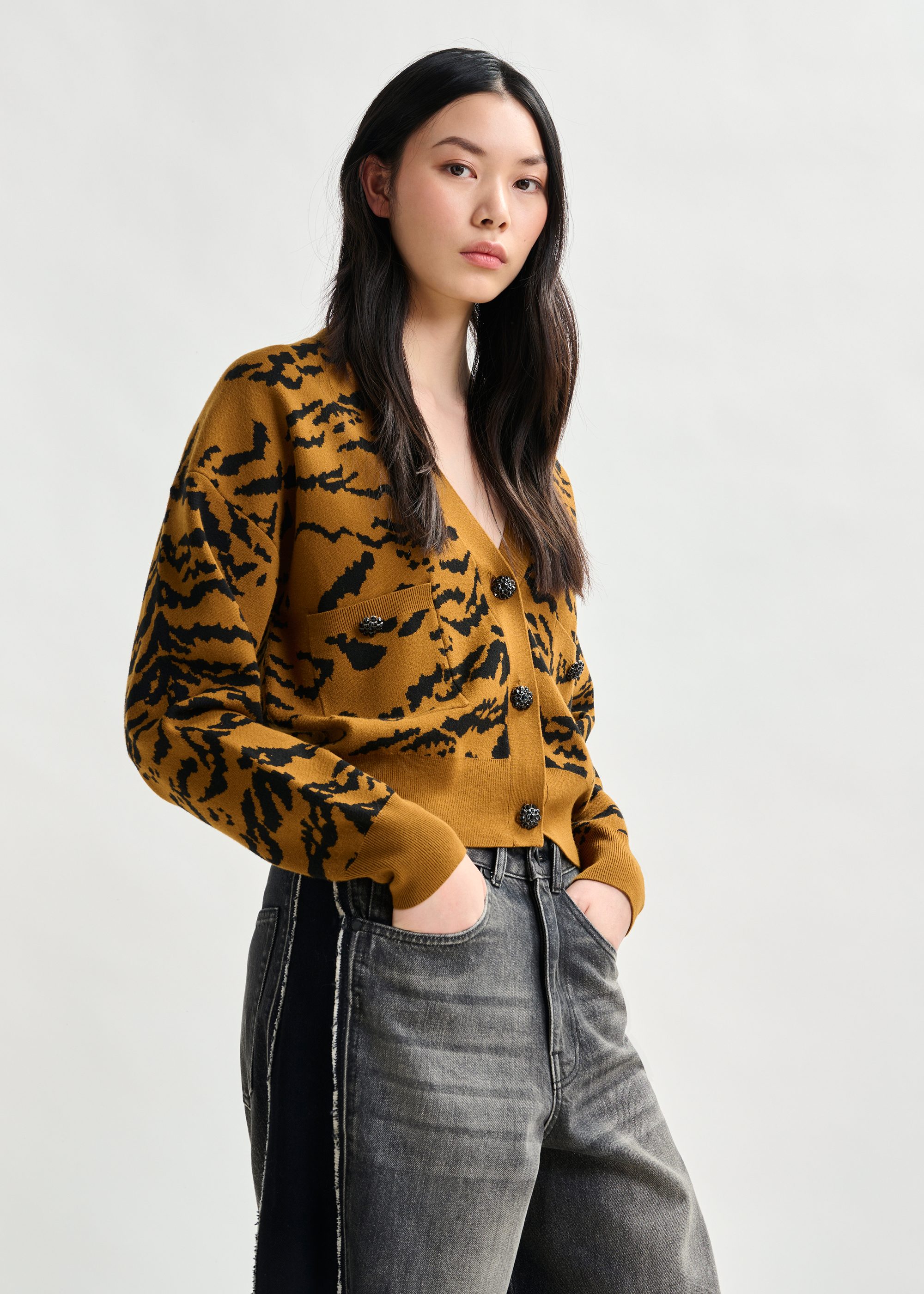Brown tiger-print cardigan with rhinestone encrushed buttons