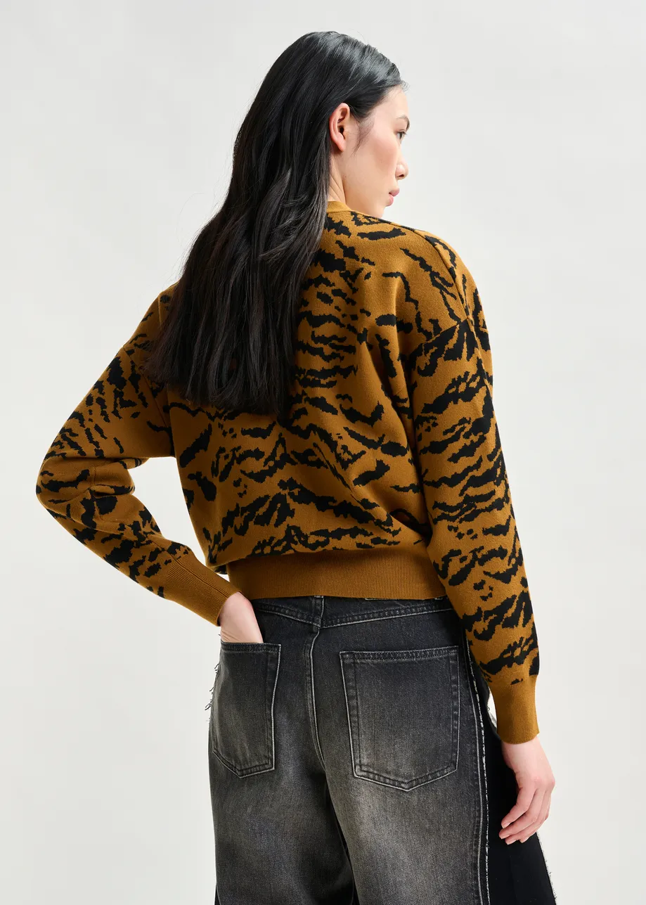 Brown zebra-print cardigan with rhinestone encrushed buttons