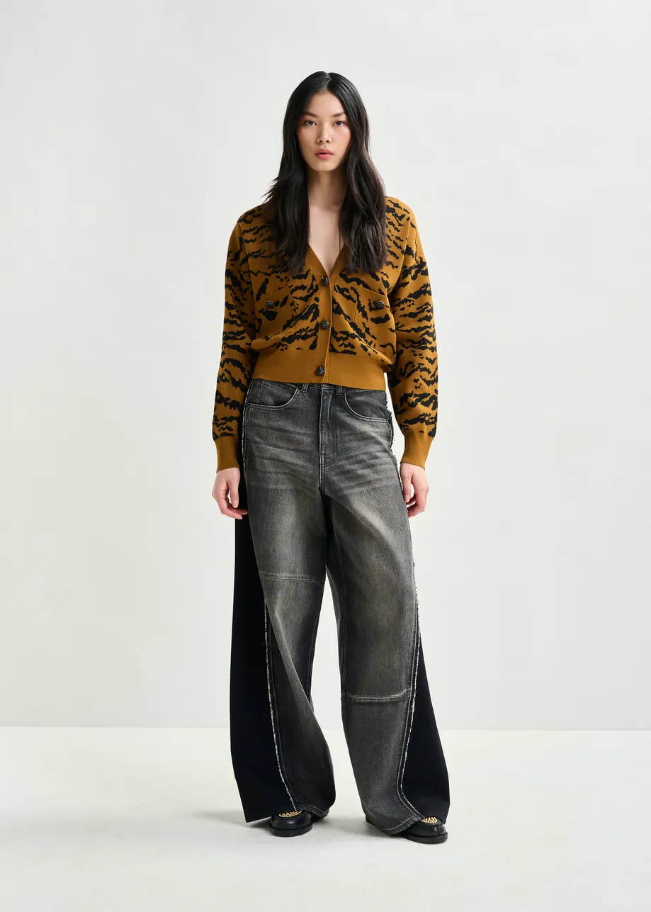 Brown zebra-print cardigan with rhinestone encrushed buttons
