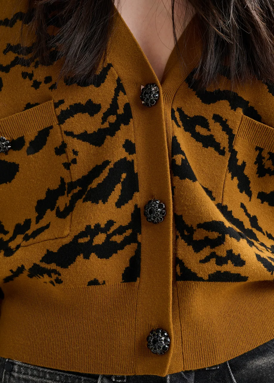 Brown zebra-print cardigan with rhinestone encrushed buttons