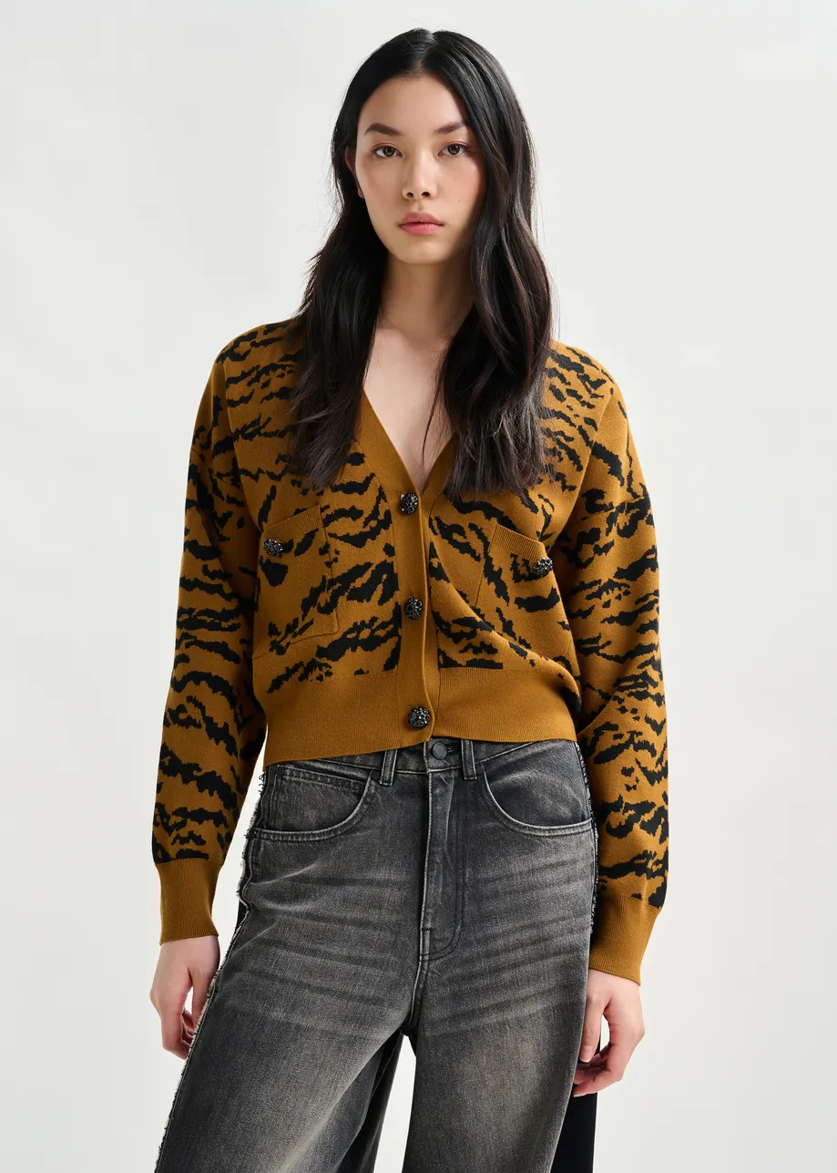 Brown zebra-print cardigan with rhinestone encrushed buttons