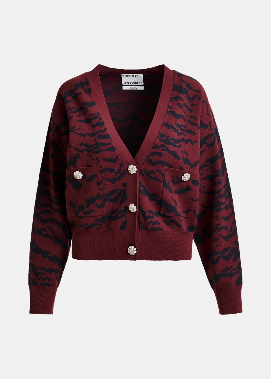 Bordeaux zebraprint cardigan met strasknoop