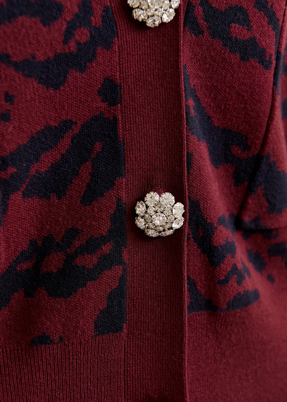 Bordeaux zebraprint cardigan met strasknoop