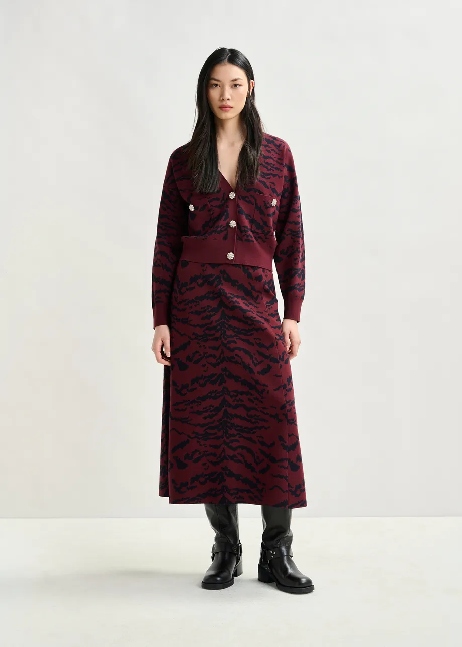 Bordeaux zebraprint cardigan met strasknoop