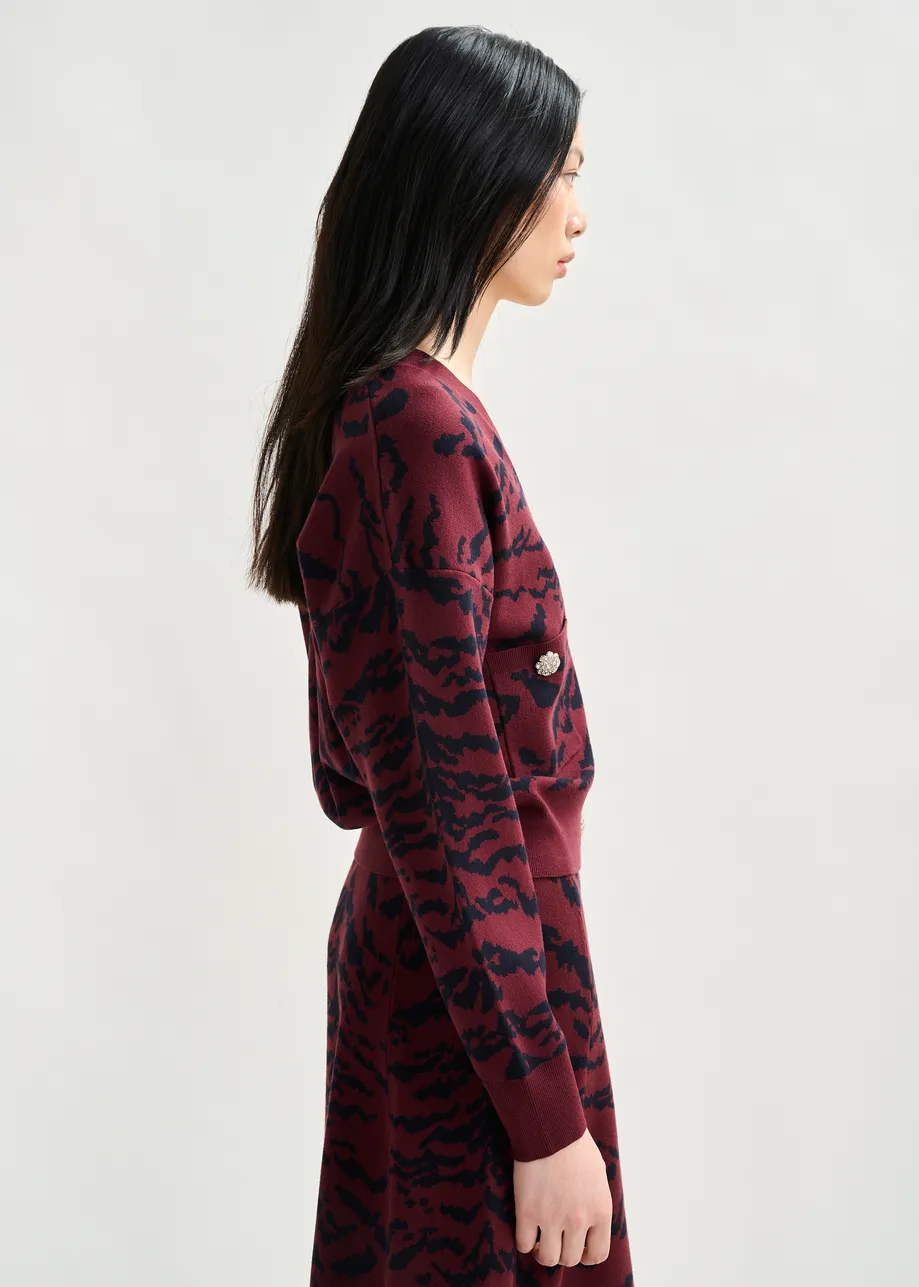 Bordeaux zebraprint cardigan met strasknoop