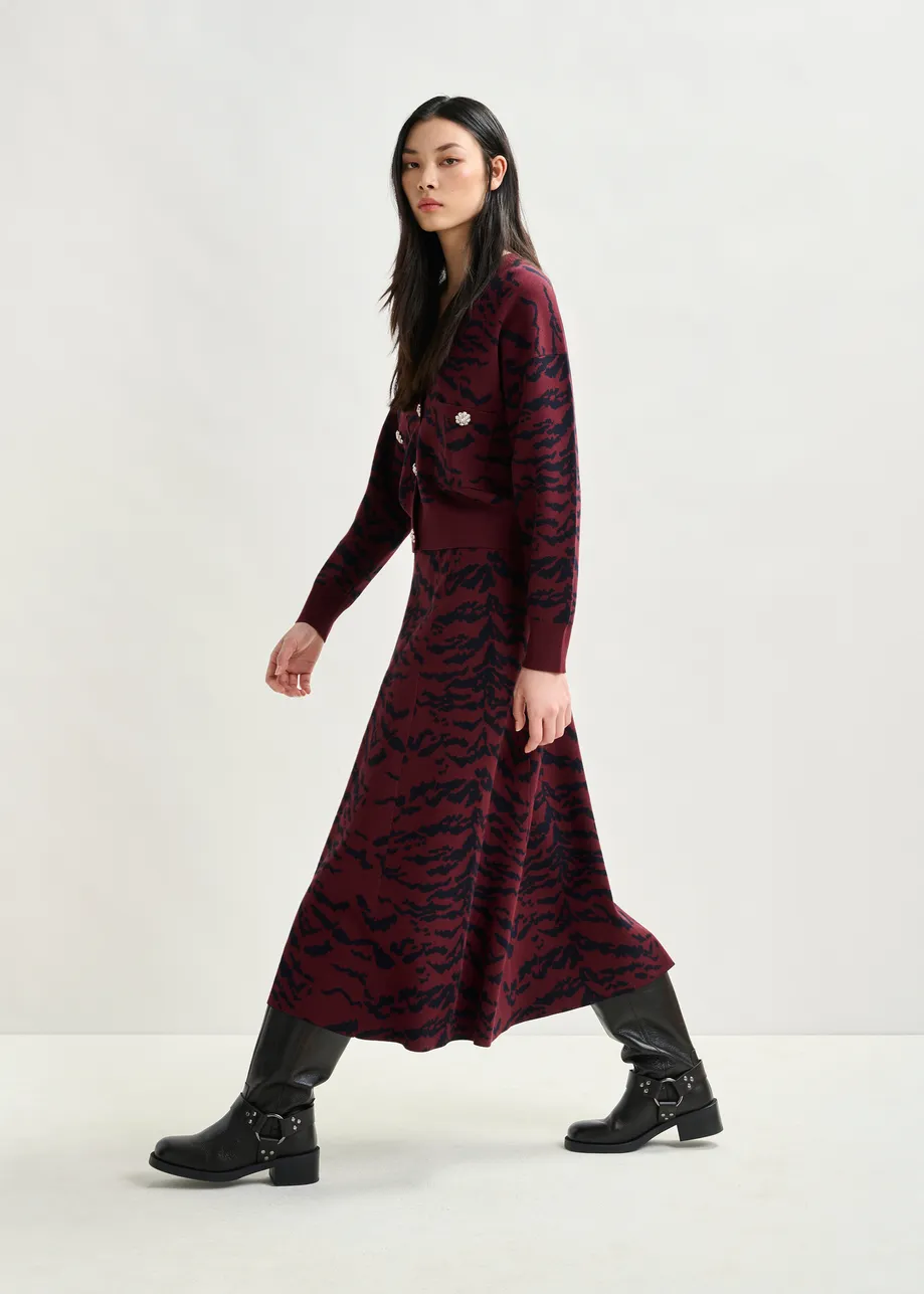 Bordeaux zebraprint cardigan met strasknoop