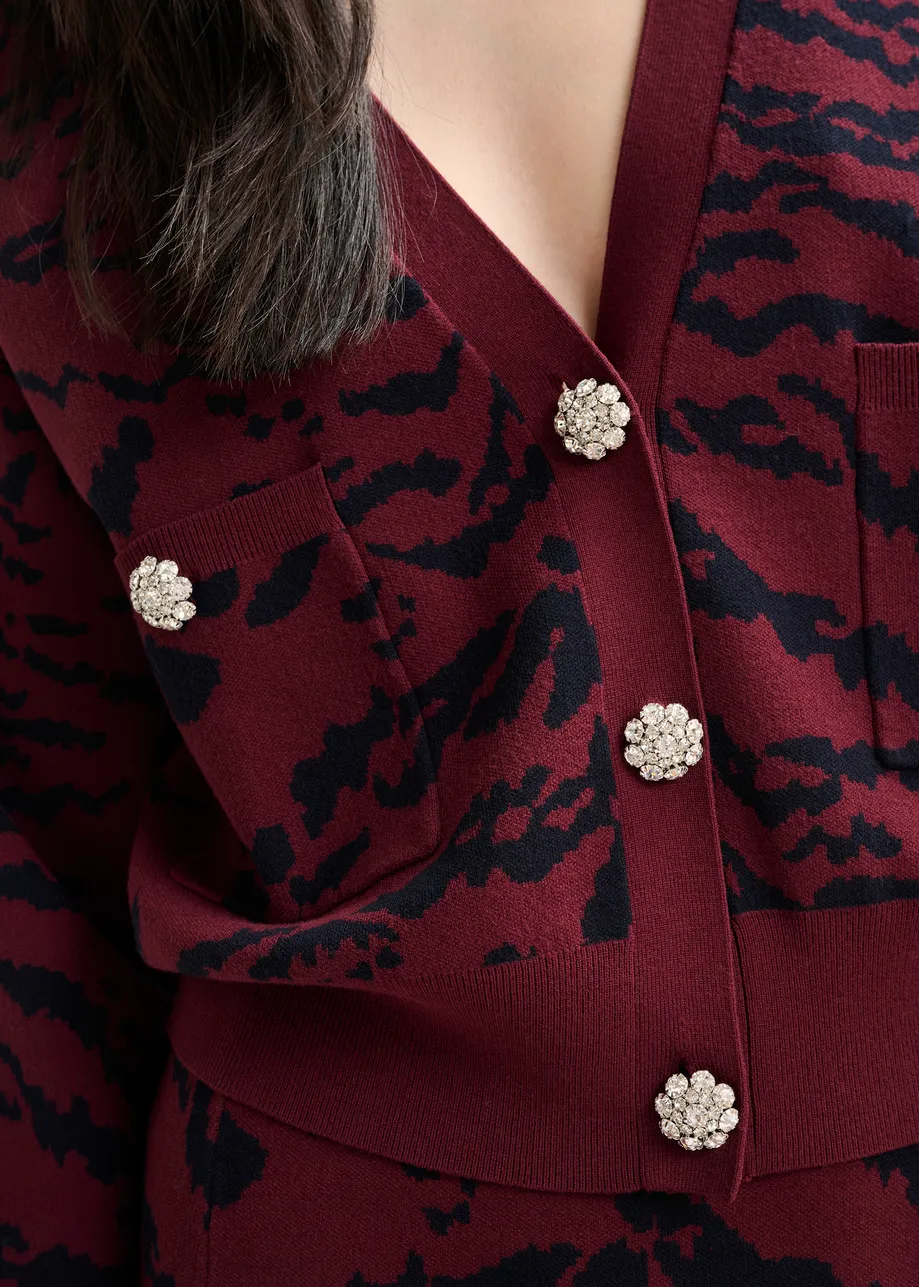 Bordeaux zebraprint cardigan met strasknoop