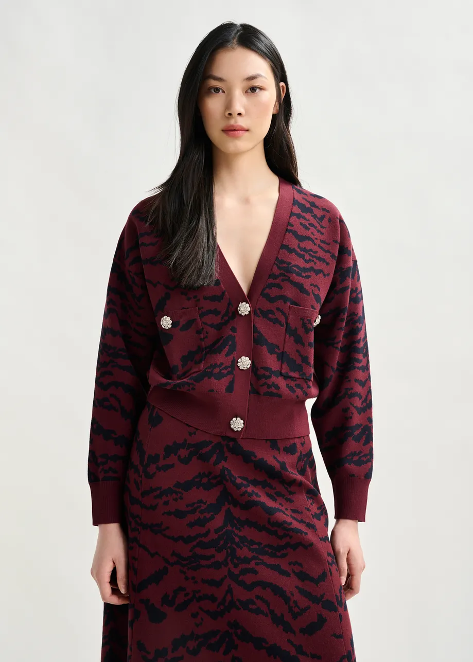 Bordeaux zebraprint cardigan met strasknoop