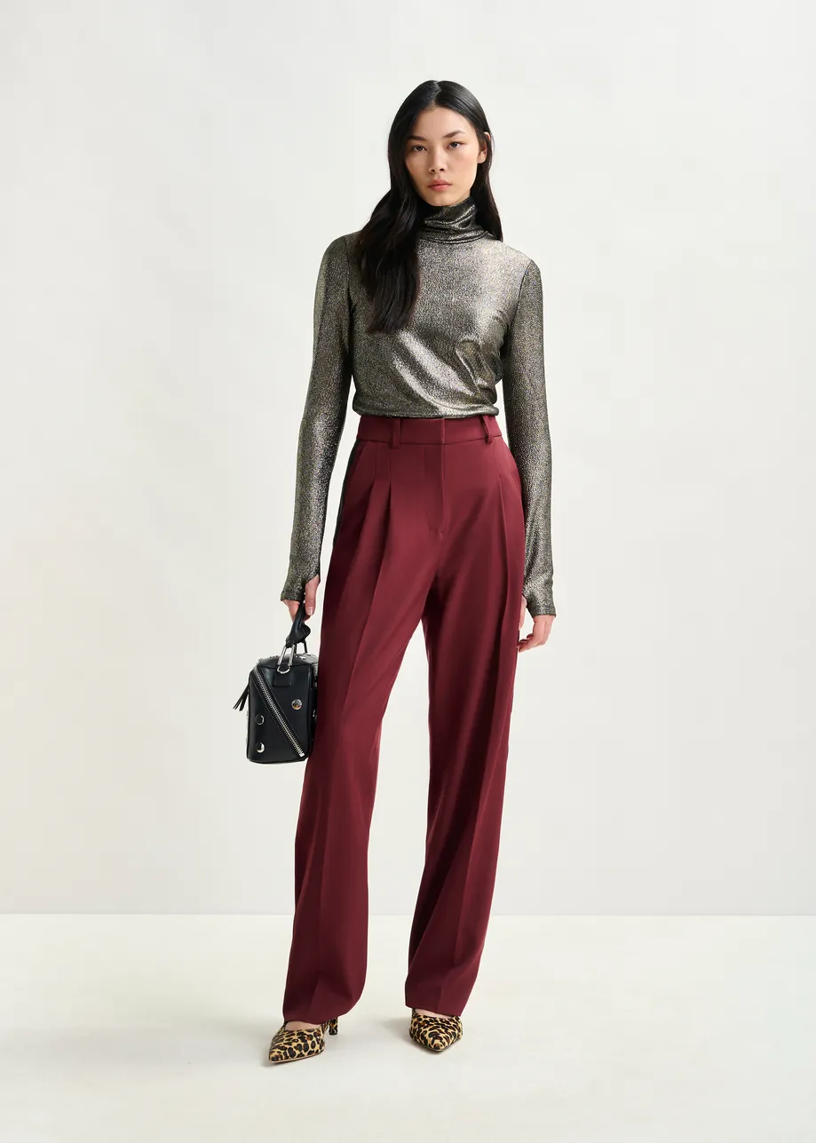 Burgundy tapered pants with crease