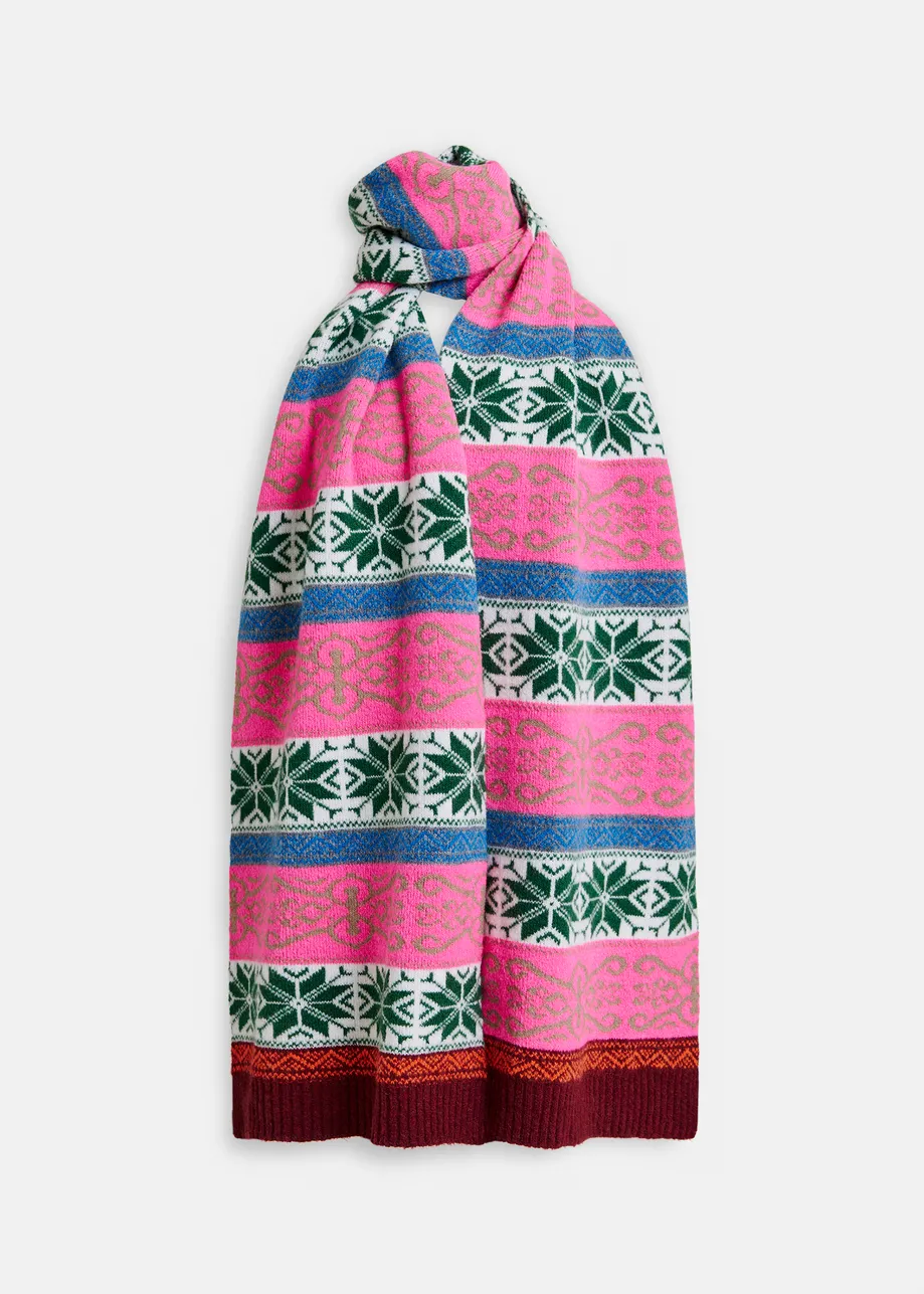 Pink and multicolor jacquard knit scarf with ribbed trims
