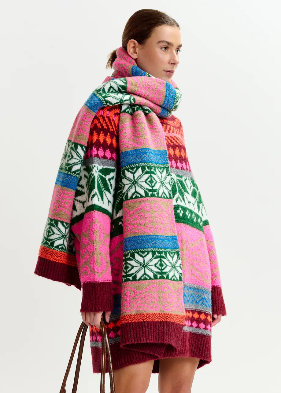 Pink and multicolor jacquard knit scarf with ribbed trims