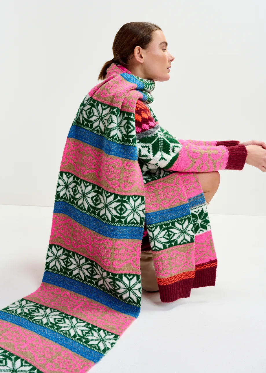 Pink and multicolor jacquard knit scarf with ribbed trims