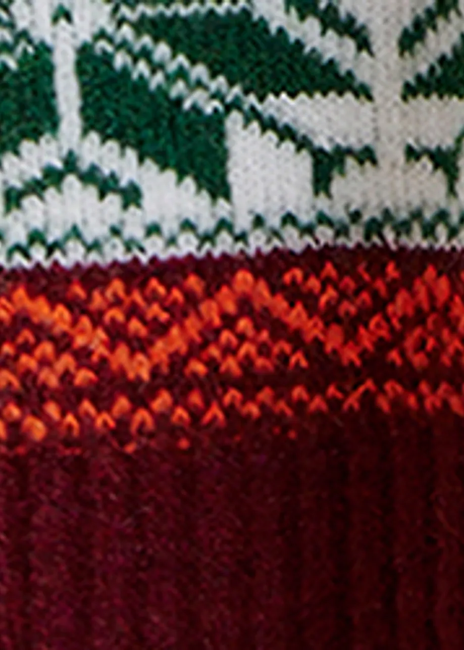 Pink and multicolor jacquard knit scarf with ribbed trims