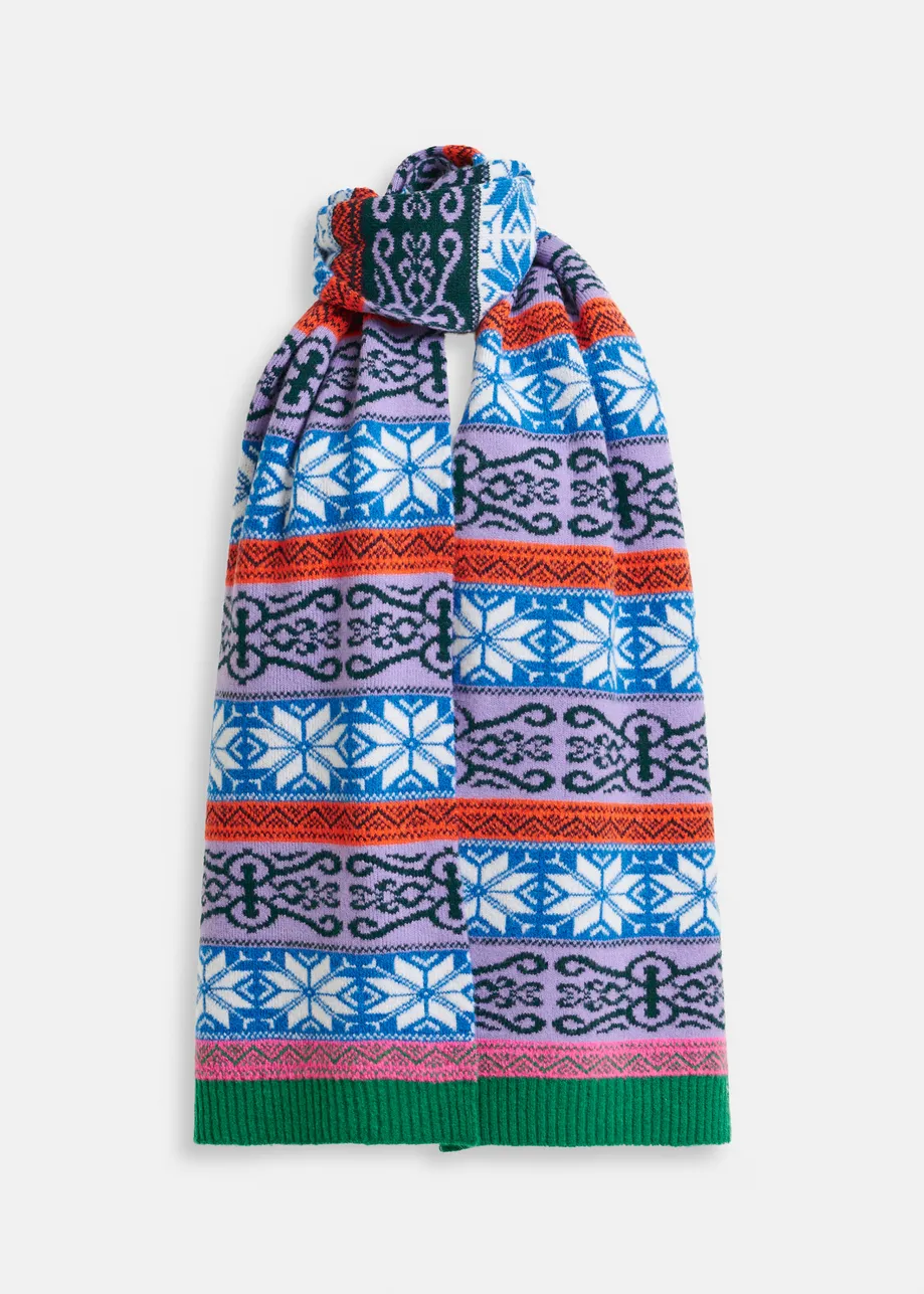 Purple and multicolor jacquard knit scarf with ribbed trims