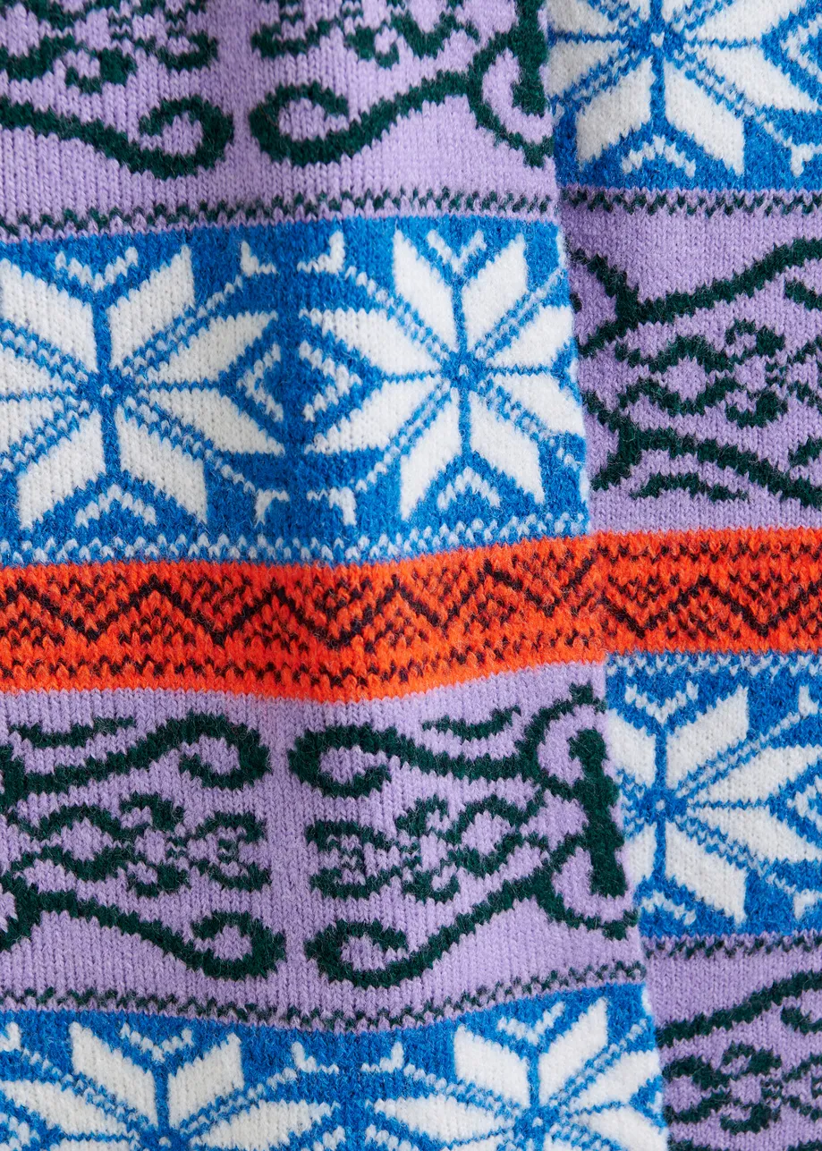 Purple and multicolor jacquard knit scarf with ribbed trims