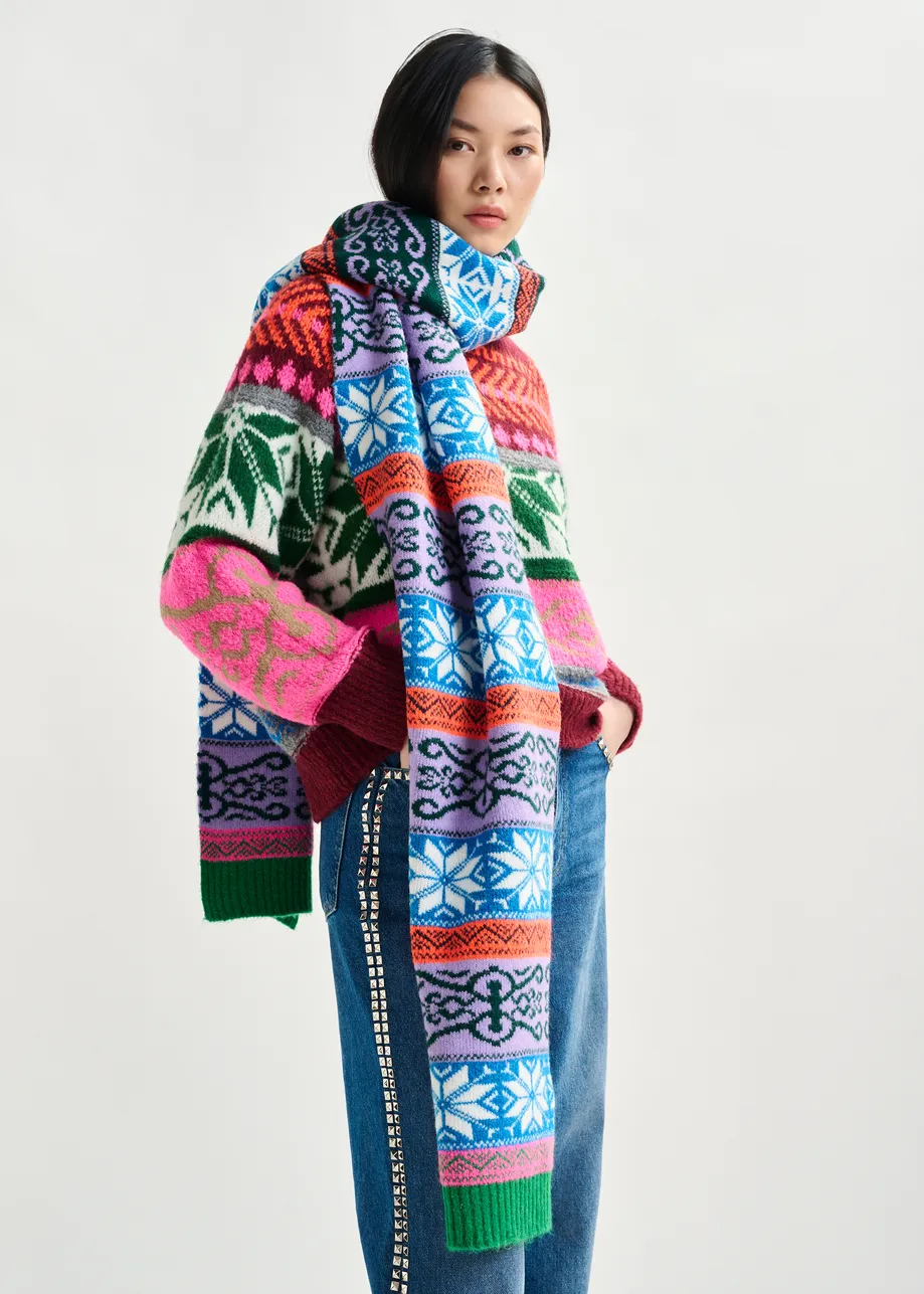 Purple and multicolor jacquard knit scarf with ribbed trims
