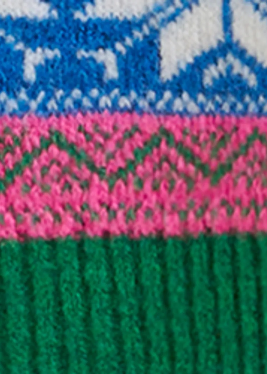 Purple and multicolor jacquard knit scarf with ribbed trims