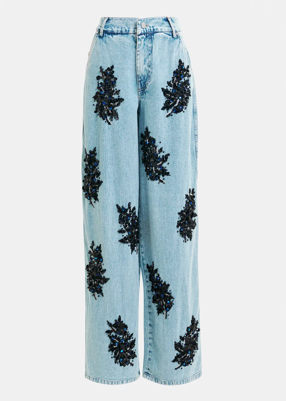 Blue and black embellished wide-leg jeans