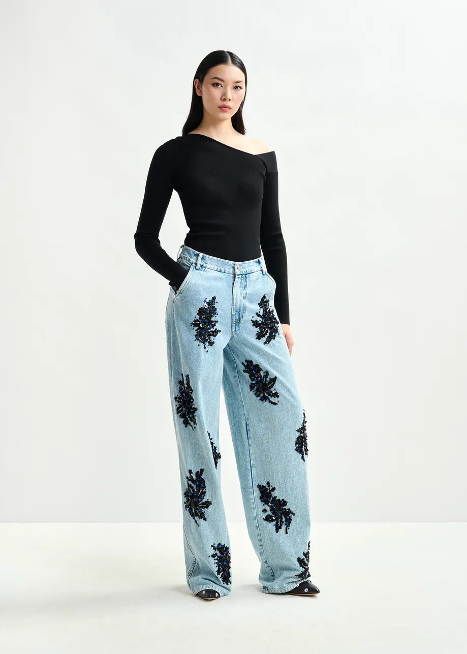 Blue and black embellished wide-leg jeans