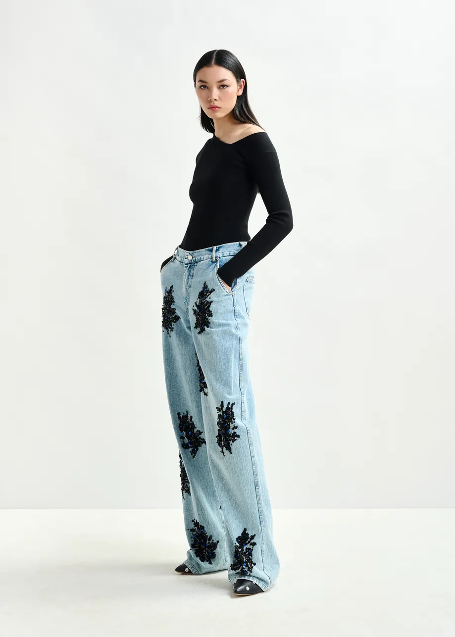 Blue and black embellished wide-leg jeans