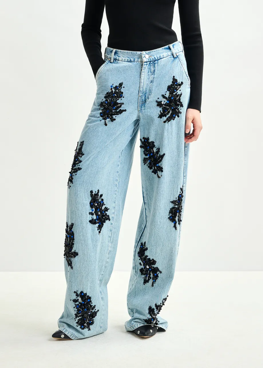Blue and black embellished wide-leg jeans