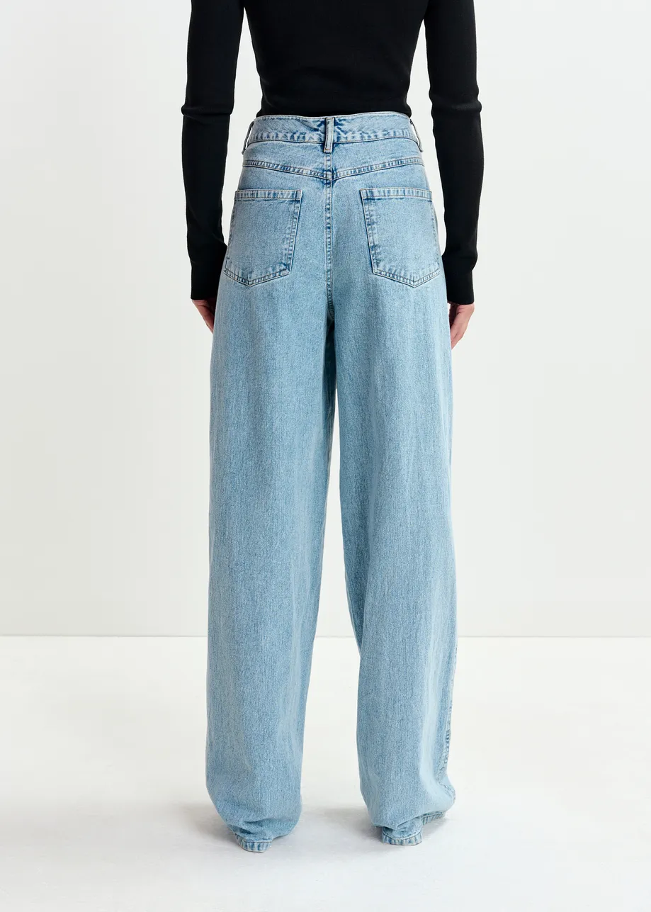 Blue and black embellished wide-leg jeans