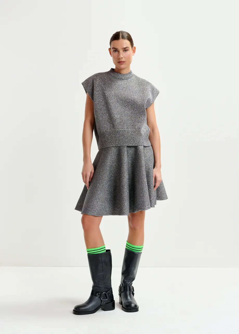 Mini-jupe tricotée en lurex argenté