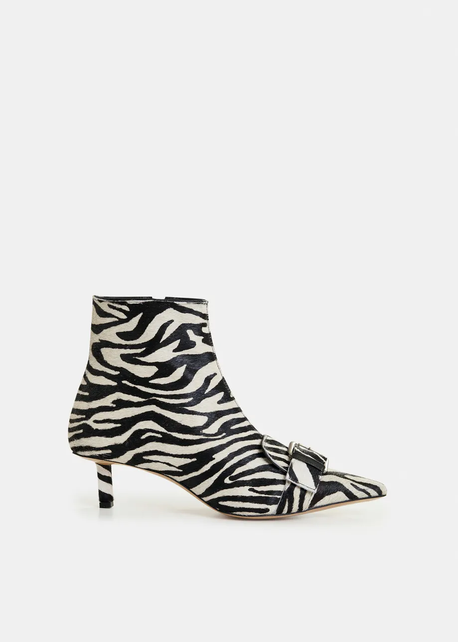 Black and white zebra print leather ankle boots with kitten heel and buckle detail