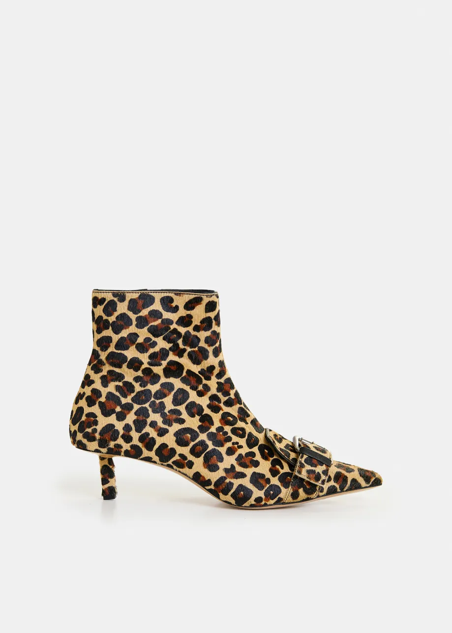 Brown and black leopard print leather ankle boots with kitten heel and buckle detail