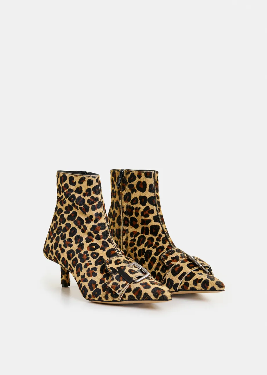 Brown and black leopard print leather ankle boots with kitten heel and buckle detail