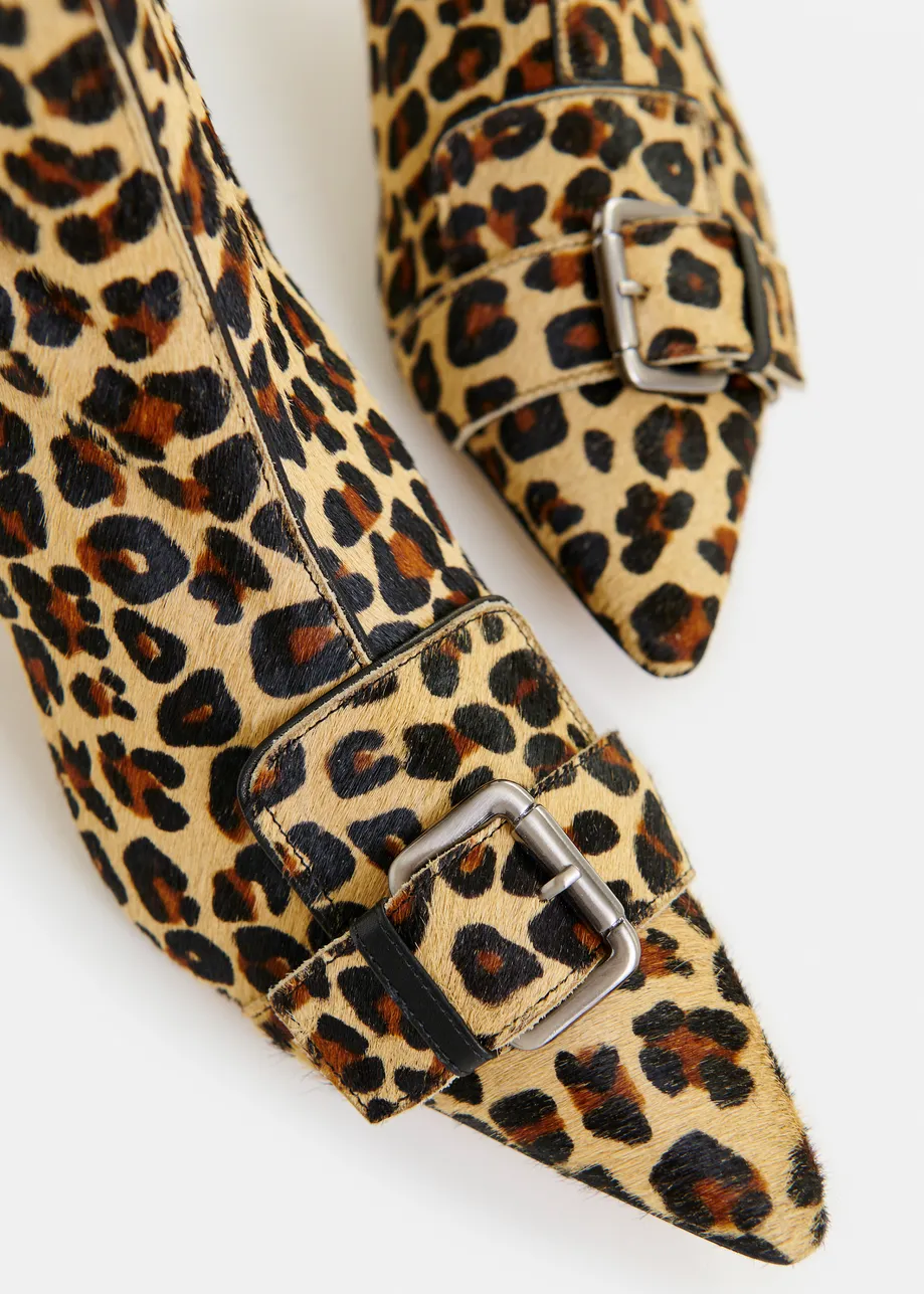 Brown and black leopard print leather ankle boots with kitten heel and buckle detail