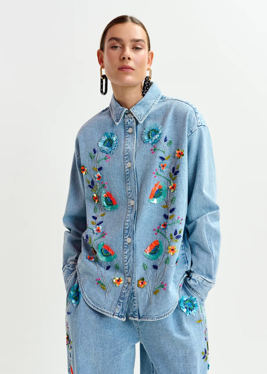 Blue and multicolor denim shirt with sequin flower embellishments